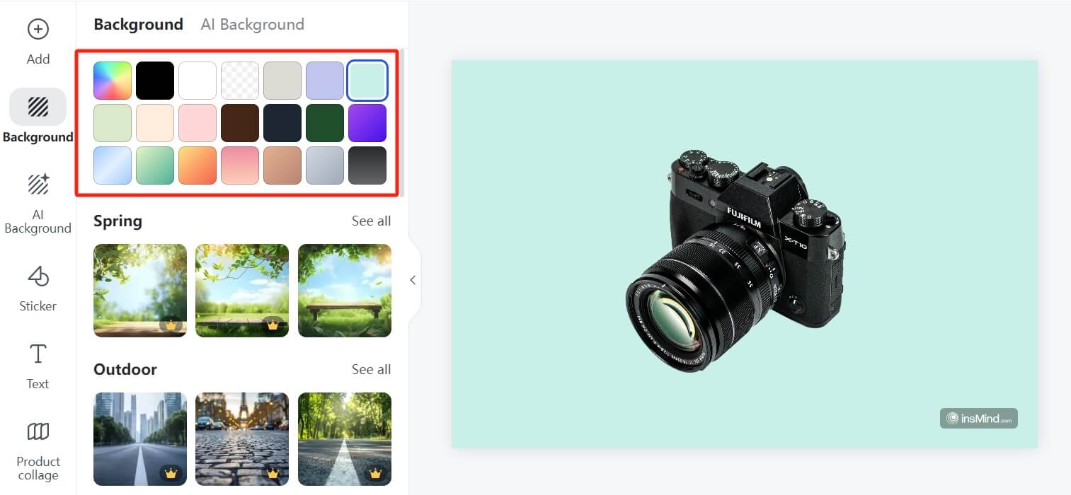 Visual guide on changing background colors using insMind’s editing tools. 