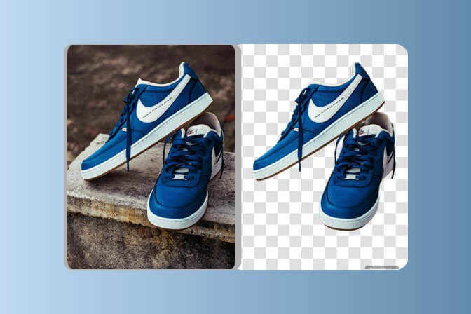 Display of sneakers before and after background removal, highlighting the editing precision.